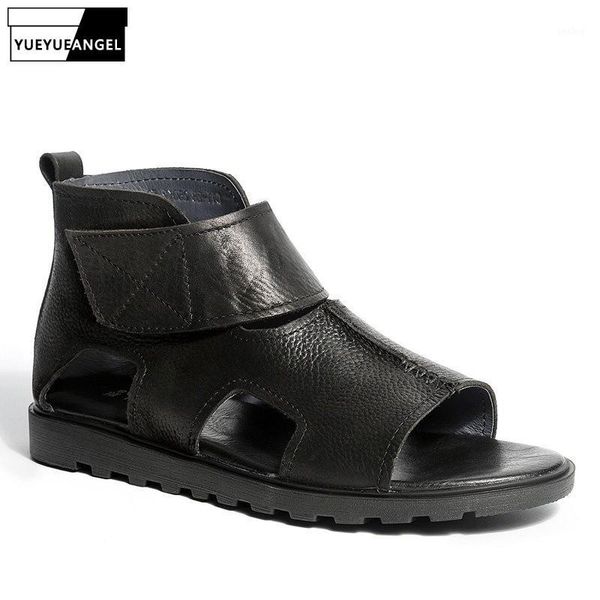 

vintage real leather sandals men breathable summer hollow black shoes leisure rome sandals ankle boots flats1
