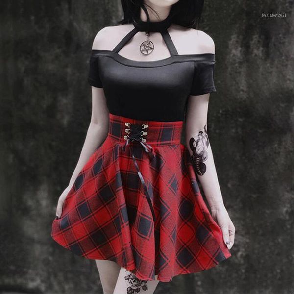 

casual dresses gothic plaid mini summer dress women 2021 lace up faux two piece female goth punk halter party vestidos1, Black;gray