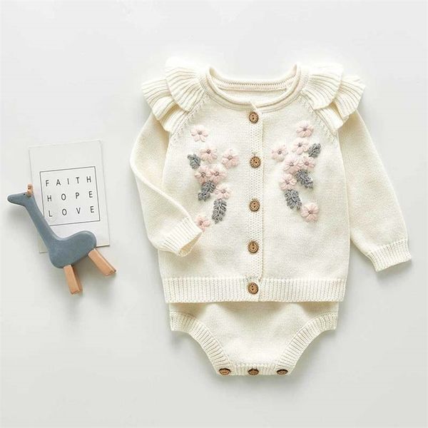 Outono Bodysuit Set infantil recém-nascido camisola flores malha jumpsuit de algodão de algodão bebê roupas lj201221