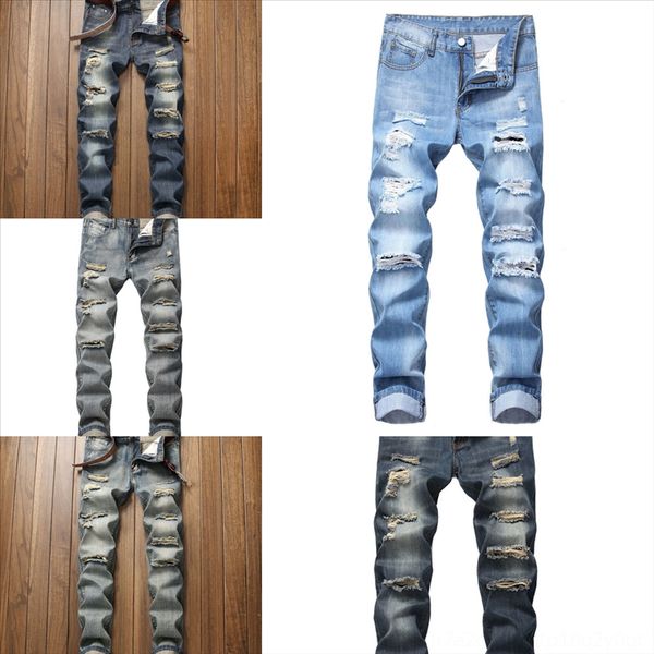 

3rjmw new skinny fashion jeans stretch pleated denim hole pants hole fold denim shirt man men solid ripped men jeans length trousers, Black