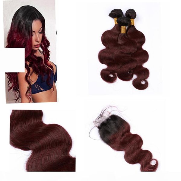 

brazilian ombre purple bundles with closure dark root 4" * 4" body wave ombre virgin hair with closure #1b #99j, Black;brown