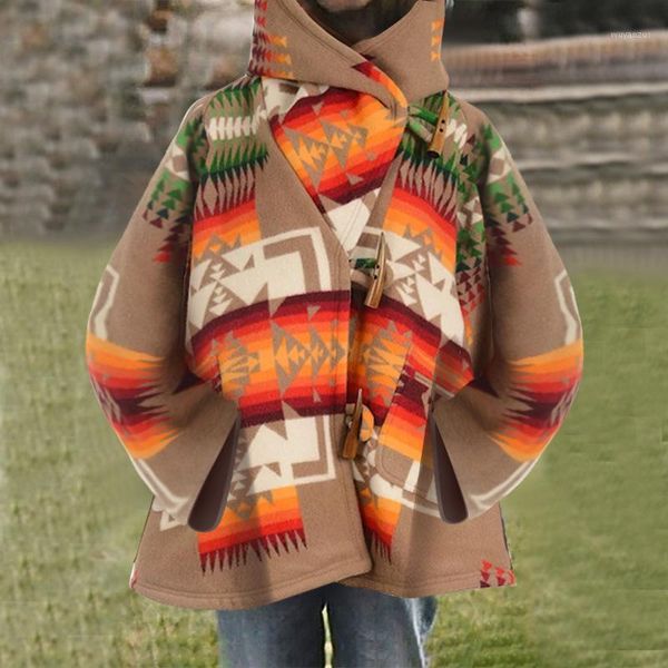 

streetwear fashion geometrical print women coat 2020 winter autumn vintage horn button woolen coats loose hooded jacket outwear1, Black