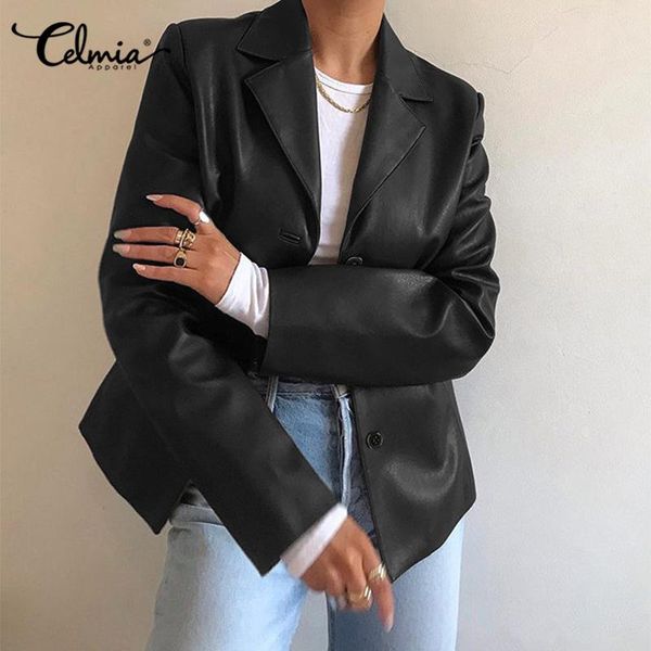 

women leather blazers celmia suit collar long sleeve solid color office blazer 2021 fashion business suit coat retro button coat, White;black