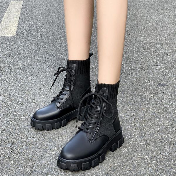 

thi bottomed martin boots women's short autumn winter lace-up wedge short boots female bla yarn bounce so lady shoes -40, Black