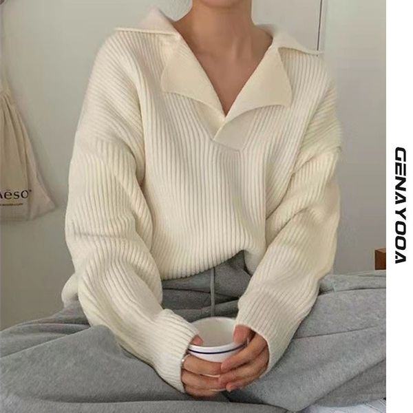 

genayooa chic turn-down collar sweater women solid casual knit pullover long sleeve autumn winter 2021 fashion korean jumper, Black