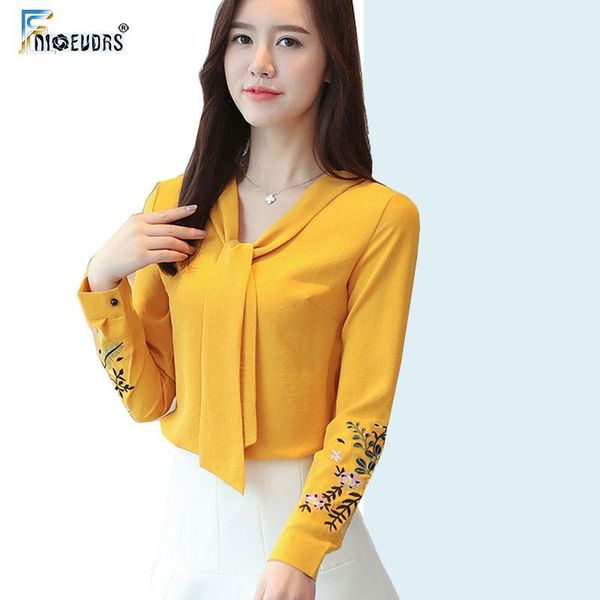 

women's blouses & shirts 2021 women fashion long sleeve elegant office work white blouse korean style yellow embroidery printed bow tie