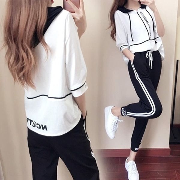 

2019 лета новых мод случайного двухсекционный с капюшоном контраст coatcolor половина рукава карманных шнурков брюки 2019 летом новых моды с, Gray