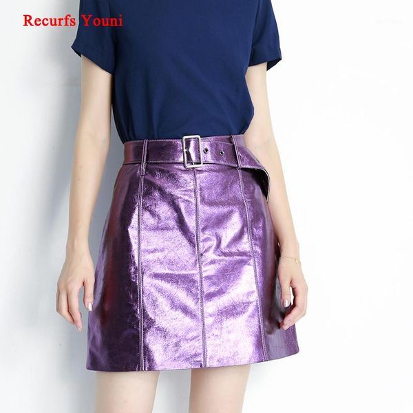 

winter women high waist 100% genuine short skirt with belt mujer shiny bright purple/green mini jupe fashion steet saia1, Black
