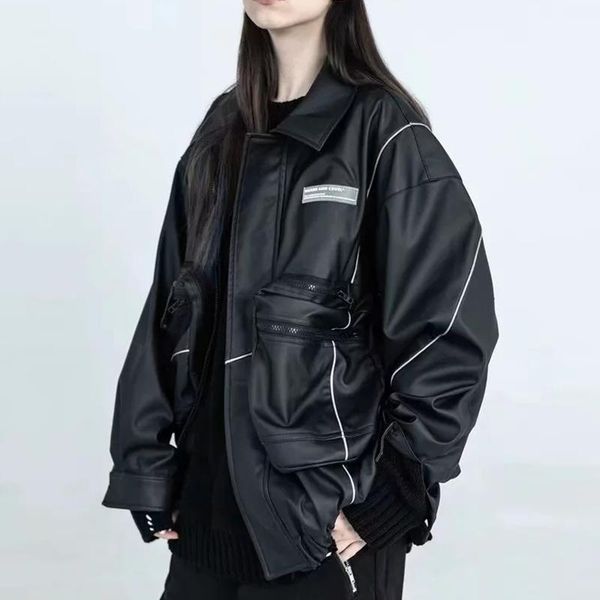 

women's leather & faux women jacket safari style autumn winter oversize loose reflective coat 2021, Black
