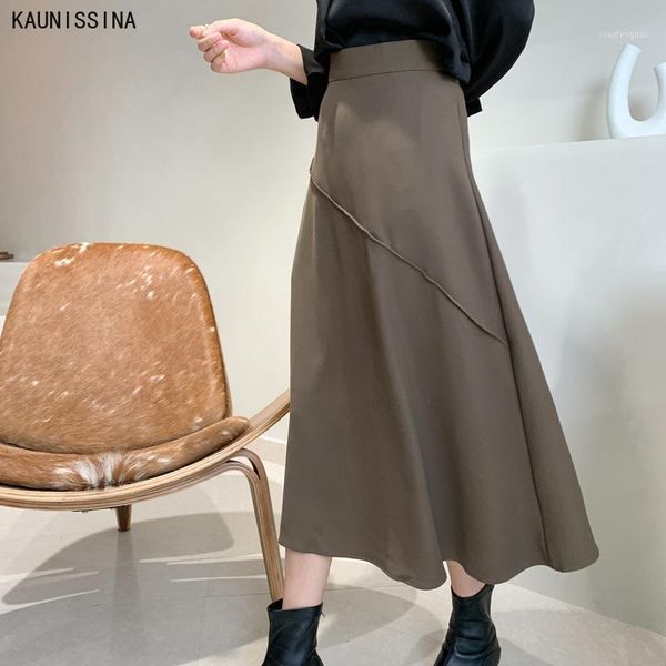 

autumn skirts women mid-calf a-line skirt ladies solid back zipper winter elegant high waist office casual long skirt1, Black