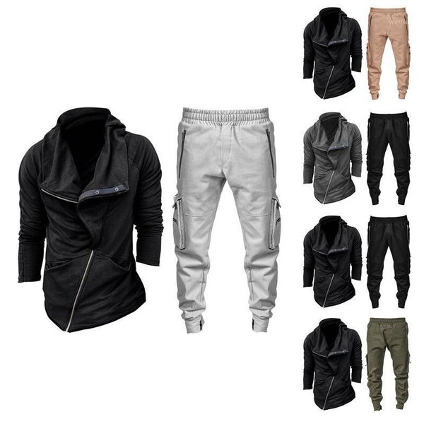 

gym clothing casual winter men tracksuit set sportswear solid zipper pocket sweatshirt hoodie long sleeve and pants fitness running1, White;black