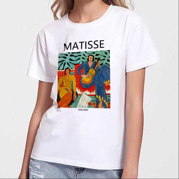 

2021 matisse summer t shirt harajuku loose casual female short sleeve cartoon art print female vintage letter large size, White