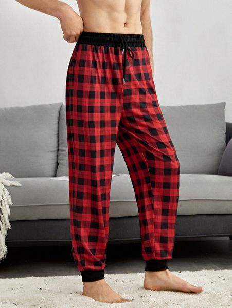 

men plaid drawstring waist sleep pants k8go#, Black;brown