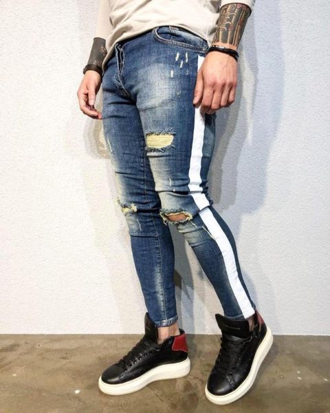 

mens boutique autumn pencil pants men's jeans slim jeans elastic small leg pants large men's hole ripped denim1, Blue