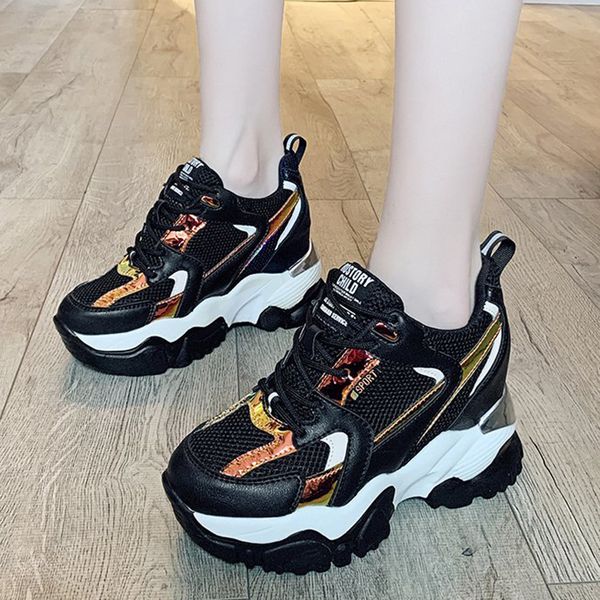 

2021 the new white laser chunky platform sneakers hidden heels woman breathing high mesh female shoes p40r, Black