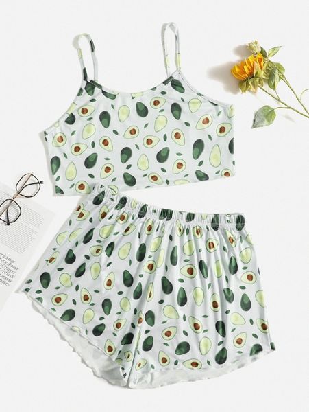 

plus fruit print lettuce trim cami pj set l5uk#, Black;white