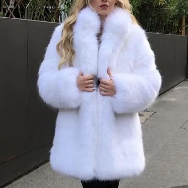 

women's fur & faux autumn winter fashion coats furry coat 2021 women warm fake stand collar jacket female clothes white, Black