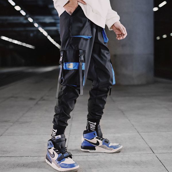 

2021 men spring fall ribbons torn pockets cargo pants of hip hop streetwear runners casual sweatpants im2b, Black