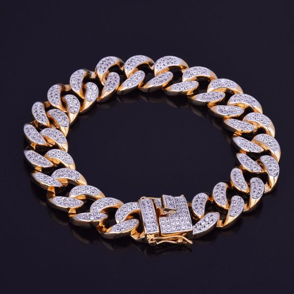 

14mm zircon curb cuban link bracelet mens hip hop jewelry gold thick heavy copper material iced out cz chain 20cm new, Black