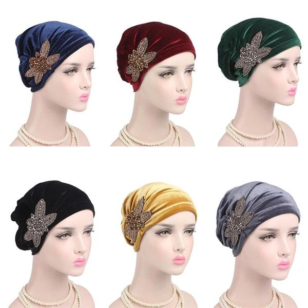 

2020 new fashion four-leaf flower-beaded cap headscarf hat scarf hat cap, Blue;gray