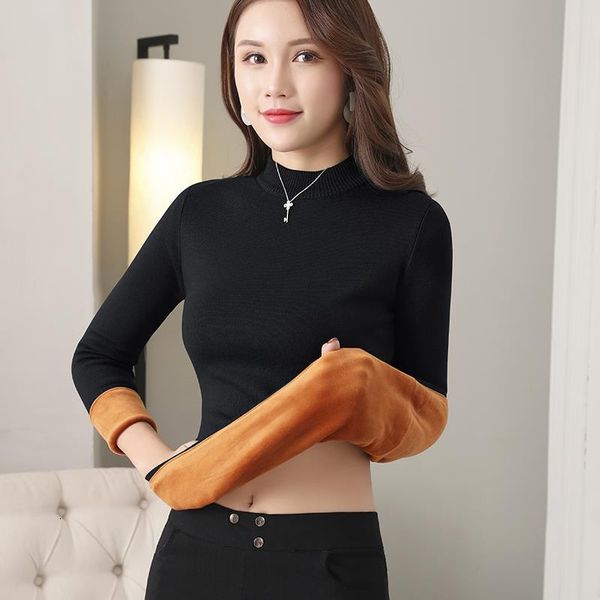 

long johns women thermal underwear sweater solid o neck thick pullovers women winter warm velvet sweater for women autumn, White;black