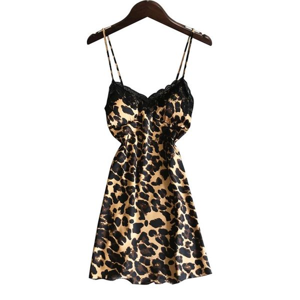 

new korea leopard satin silk nightdress womne sleepwear nightgowns summer silky ice silk spaghetti strap women sleepdress, Black;red