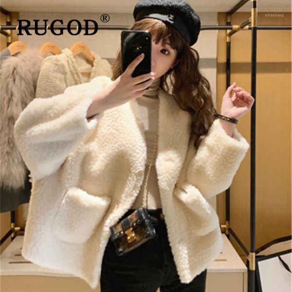 

women's down & parkas rugod korean style chic fleece jacke solid color v-neck cashmere coat women warm winter for fashion 20211, Black