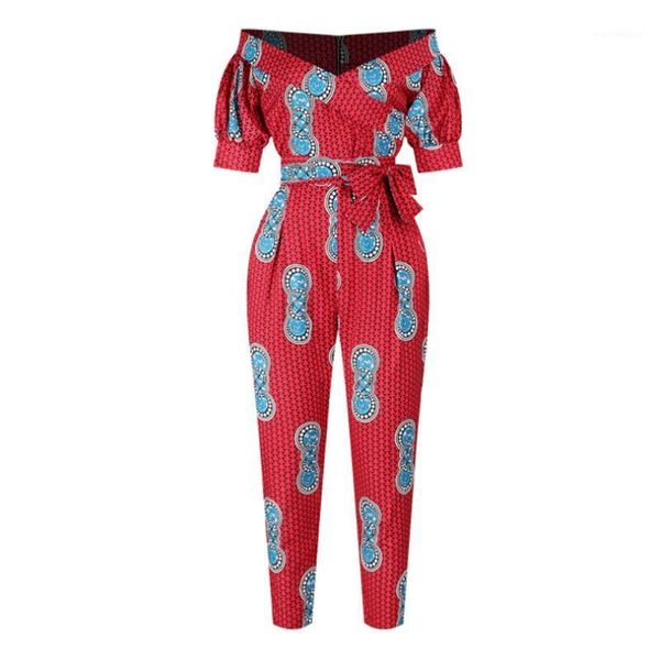

2020 african clothes print lantern sleeve off-the-shoulder one-piece collar waist jumpsuit ethnic dress for women1, Red