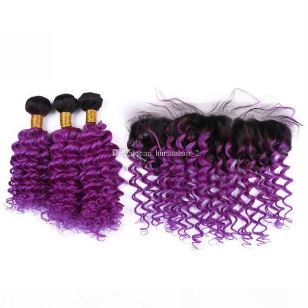 

deep wave 1b purple hair bundles with 13*4 ear to ear lace frontal closure peruvian virgin hair 3 bundles purple hair with frontal, Black;brown