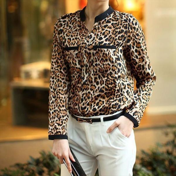 

shirt women long sleeve leopard print pockets casual v neck women autumn spring warm blouse b1240, White