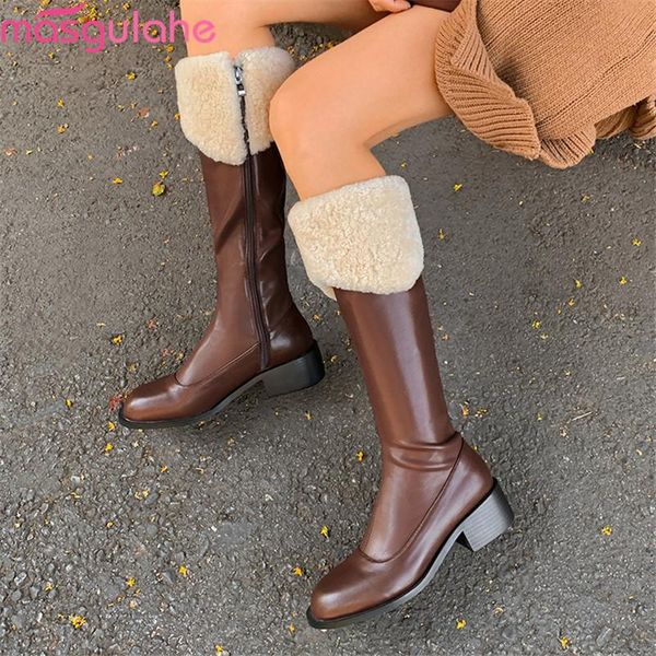 

masgulahe 2021 new arrival winter knee high boots genuine leather boots med heels round toe black brown color women