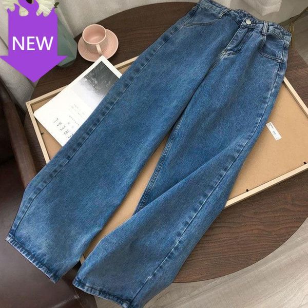 

women's jeans straight long pants high waist casual loose with belt 2021 autumn light blue denim trousers vintage wide leg women korean
