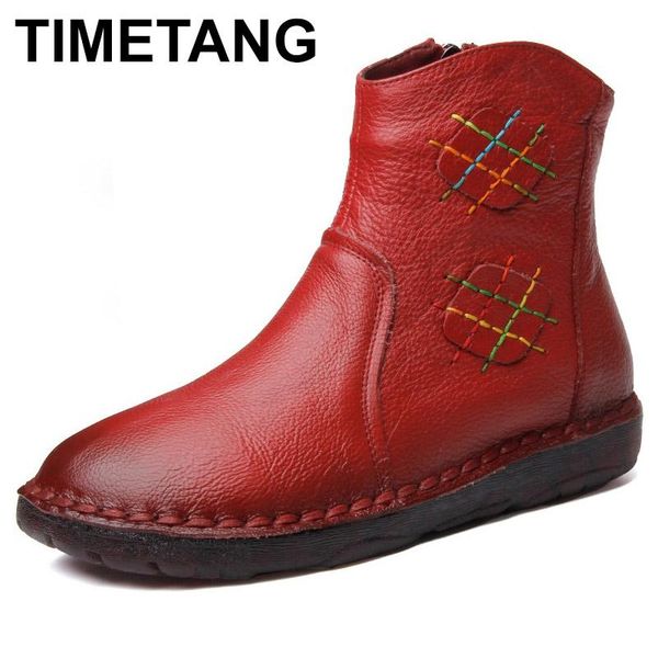 

boots timetang 2021 autumn women ankle vintage handmade genuine leather flat mar for casual shoes botas mujer, Black