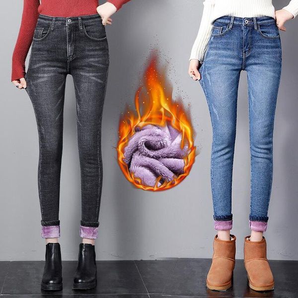 

high waist pencil pants women jeans fleece lined slim fit winter warm trousers female velvet warm jeans1, Blue
