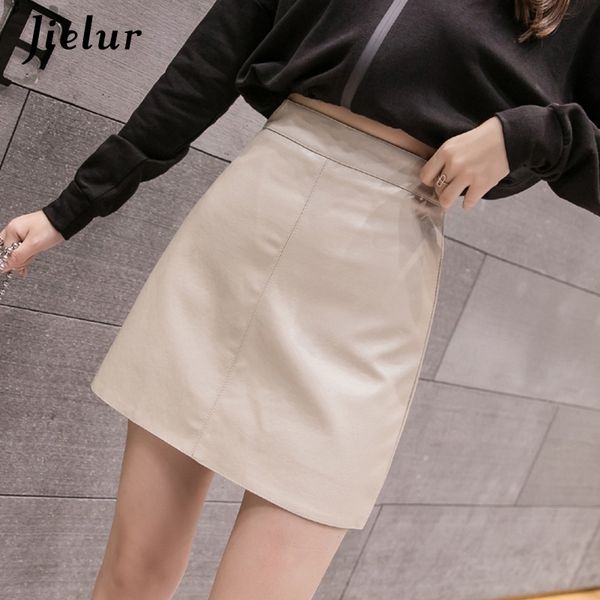 

jielur leather skirt autumn winter new korean high waist mini skirt female 4 colors chic black saia a-line pu skirts women 201109