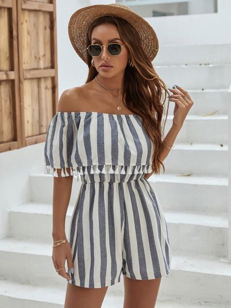 

striped fringe trim bardot romper d3ai#, White