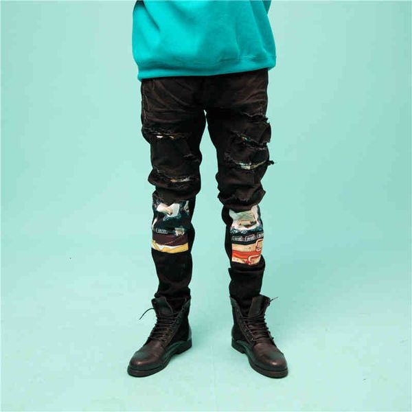 

men's jeans mens european and american high street fashion brand wash water knife cut holes black retro old scarf applique slim stretch, Blue