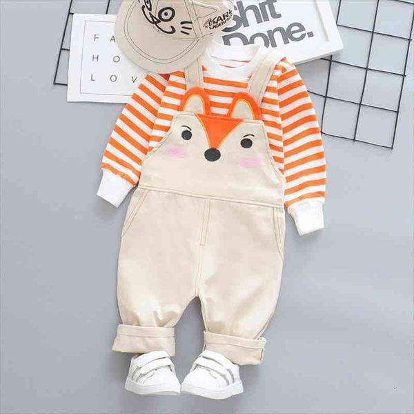 

girls clothes set for kids striped cartoon fox overalls 2pcs cotton infant clothing for newborn baby toddler outfits, White