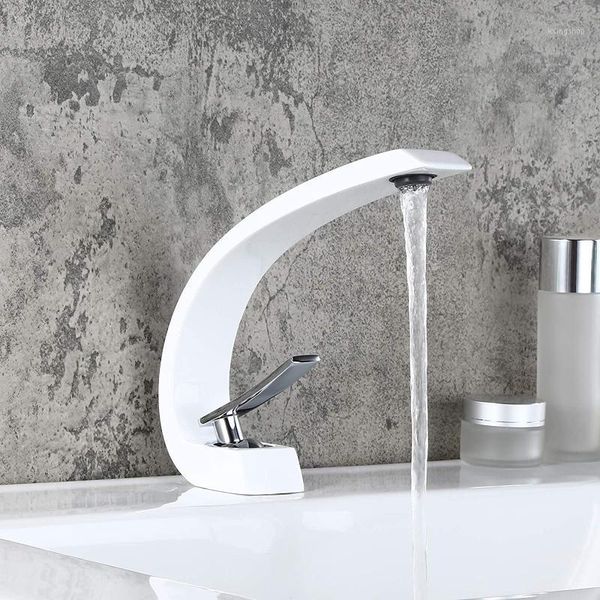 

1-handle single hole solid brass sink faucet for bathroom curved spout with drain assembly , lavatory mixer tap lead white1