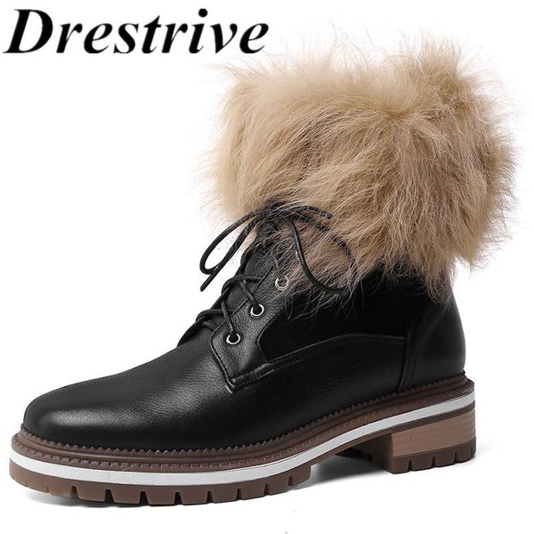 

drestrive fur cow leather women ankle boots round toe low heels non slip 2020 females winter shoes zipper cross tied platform, Black