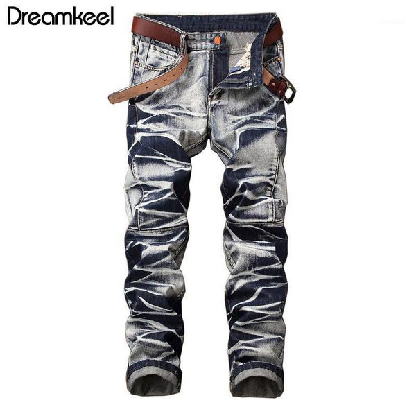 

2021 retro men jeans washed slim fit biker jeans men classic casual male trousers gold coated plus pants y1, Blue