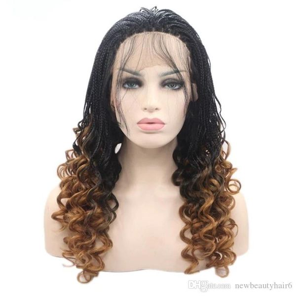 

ombre brown hair short curly braids wig 16" africa women style box braid wig full synthetic lace front wigs with baby hair, Black
