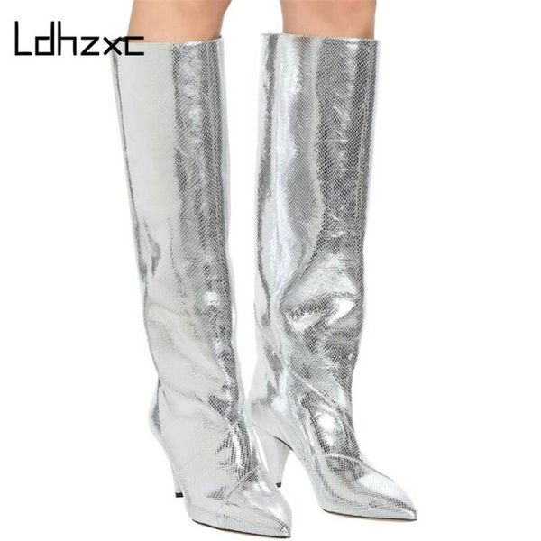 

ldhzxc band designer faux leather women knee high boots pointed toe boots women long chunky block high heel size 42 43, Black