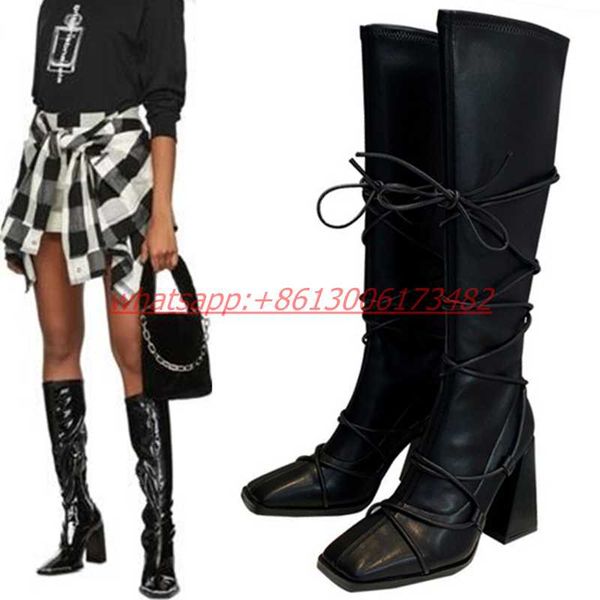 

boots ins super woman black leather square-toed knee high cross straps chunk heel stretch real pos