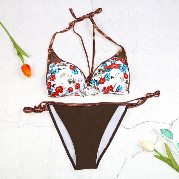 

women's swimwear girl bikinis set bikini women swimsuit wire low waist solid pink blue print floral brown red halter flamingo, White;black