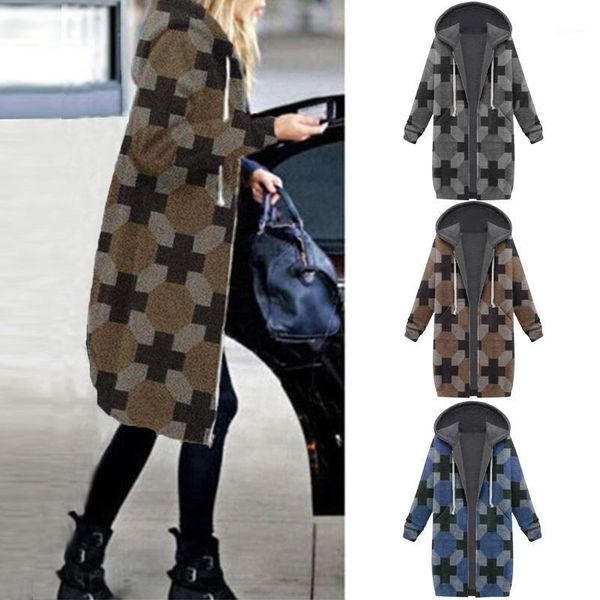 

women plaid vintage jacket long sleeved pocket zipper hooded long coat women casual streetwear style lady vinatage warm coat1, Black