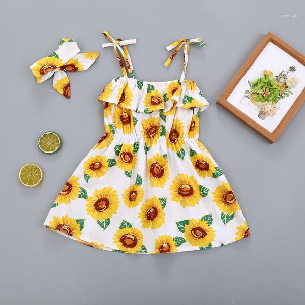 

girl's dresses 2021 summer girls' sleeveless printed dress hair band1, Red;yellow