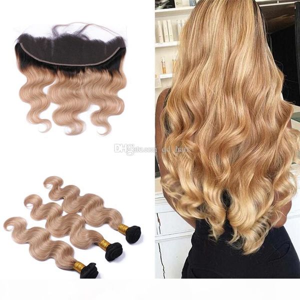 

honey blonde hair bundles with lace frontal ombre dark root #1b 27 ear to ear full lace frontal with hair extensions 4pcs lot, Black