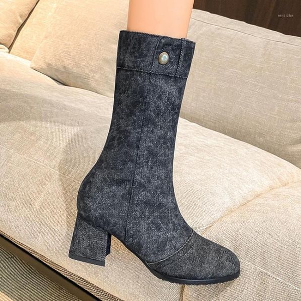 

boots womens round toe denim jeans mid calf thigh block high heel fleece liner warm winter punk motorcycle shoes plus size1, Black