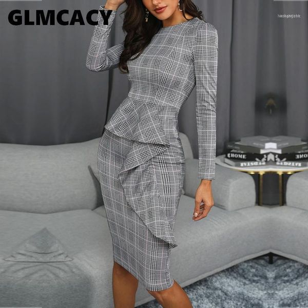 

women plaid print ruffle trim midi dress office lady sheath full above knee mini o-neck long sleeve autumn party dress11, Black;gray